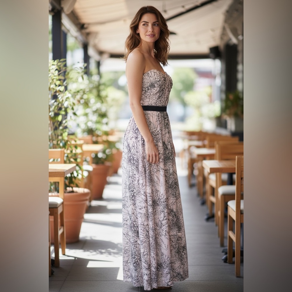 BCBGMaxAzria Strapless Pink Floral Maxi Dress with Black Waistband
